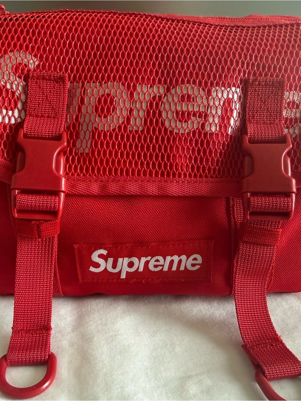 Supreme Red Mesh Waist Bag with White Logo
